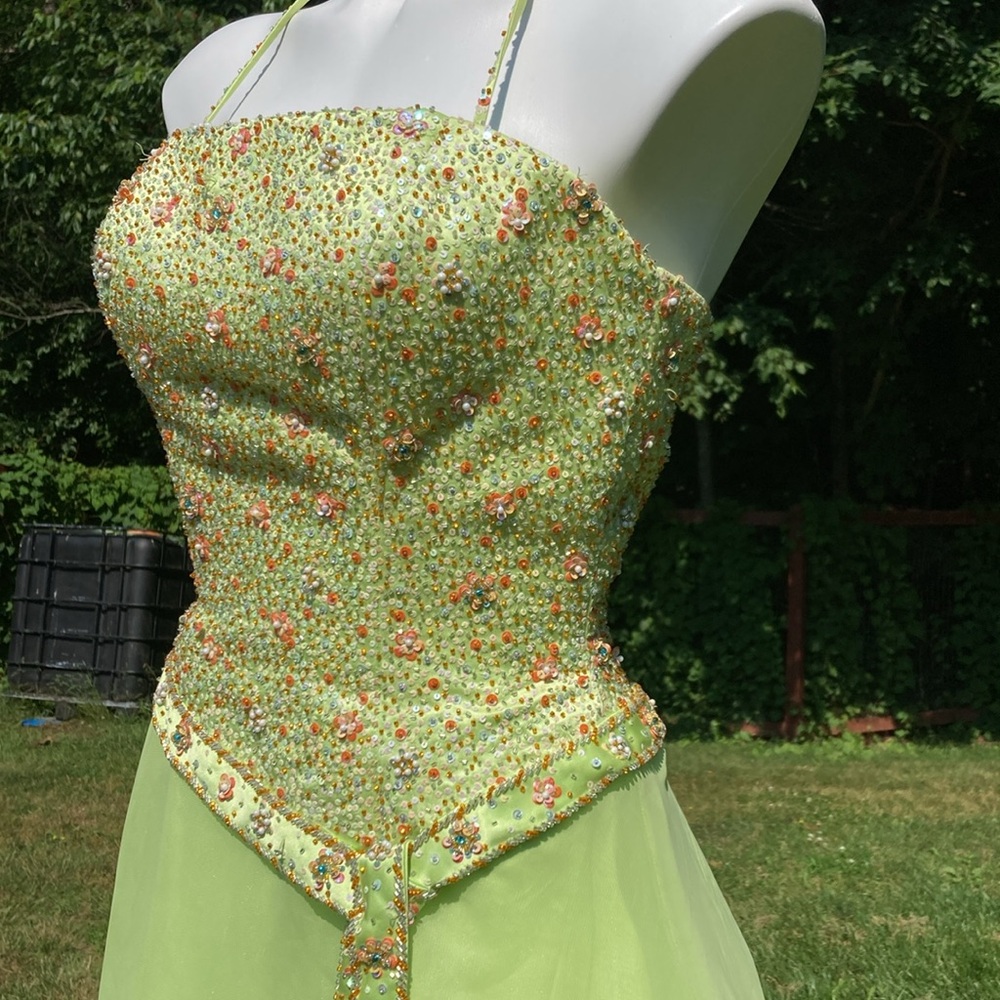 Tiffany Designs key lime green formal beaded halter gown labeled 8 but is 4 - Picture 2 of 12